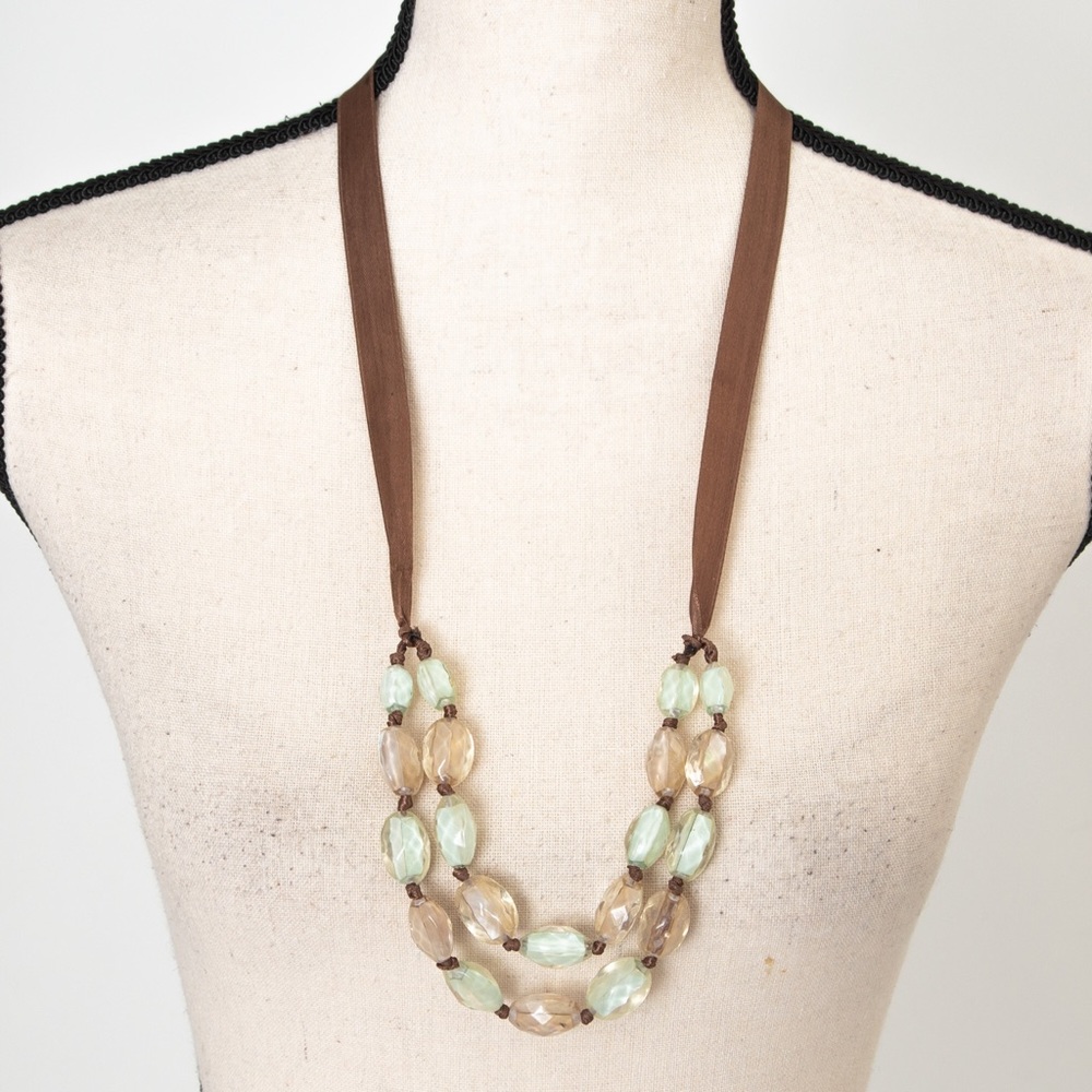 Longer length beaded necklace & earring set Pistachio green & brown